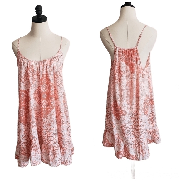 NWOT Pearle 88 Boho Beach Strappy Mini Dress Coral & white Size M - Picture 1 of 9